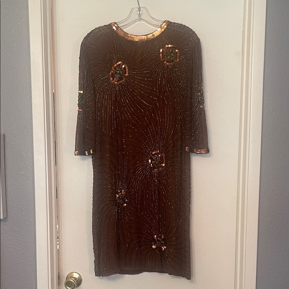 Vintage 💯 silk Sheer Elegant Brown Sequin Dress Size M-L